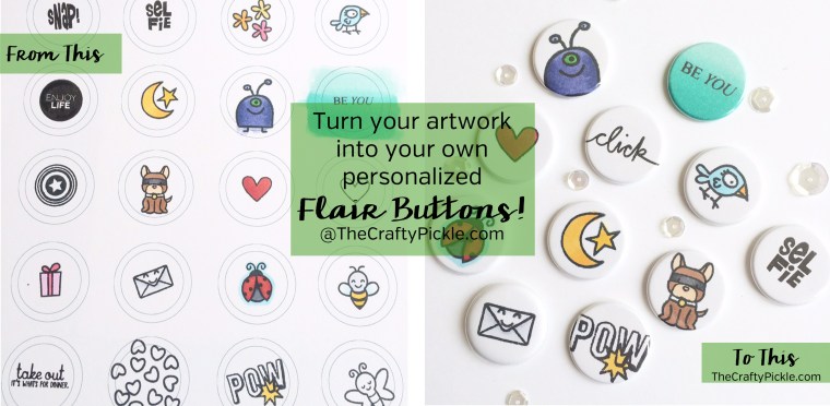 Make your own custom flair buttons with your artwork, stamps, washi, photos, and more @ TheCraftyPickle.com