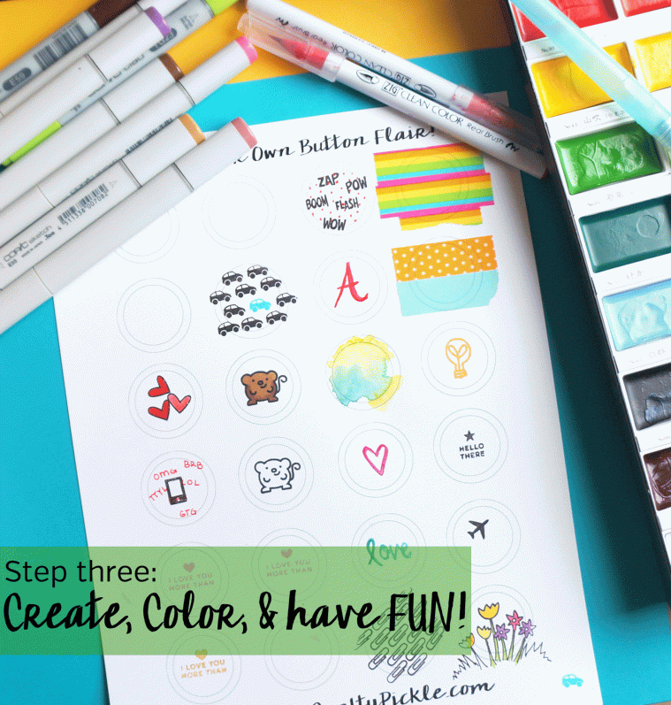 Make your own custom flair buttons with your artwork, stamps, washi, photos, and more @ TheCraftyPickle.com
