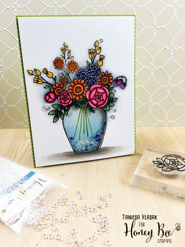 Create an adorable "shaker vase" using Honey Bee Stamps new Zen florals series and new gems that you can hand dye to match any project! More info at www.thecraftypickle.com